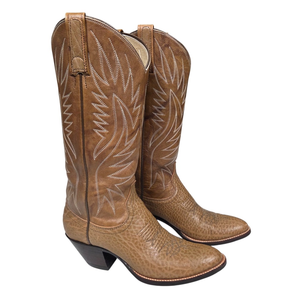 Vintage Dan Post Cowboy‎ Boots Womens 6 A Tan Brown Leather Shark Print Western
